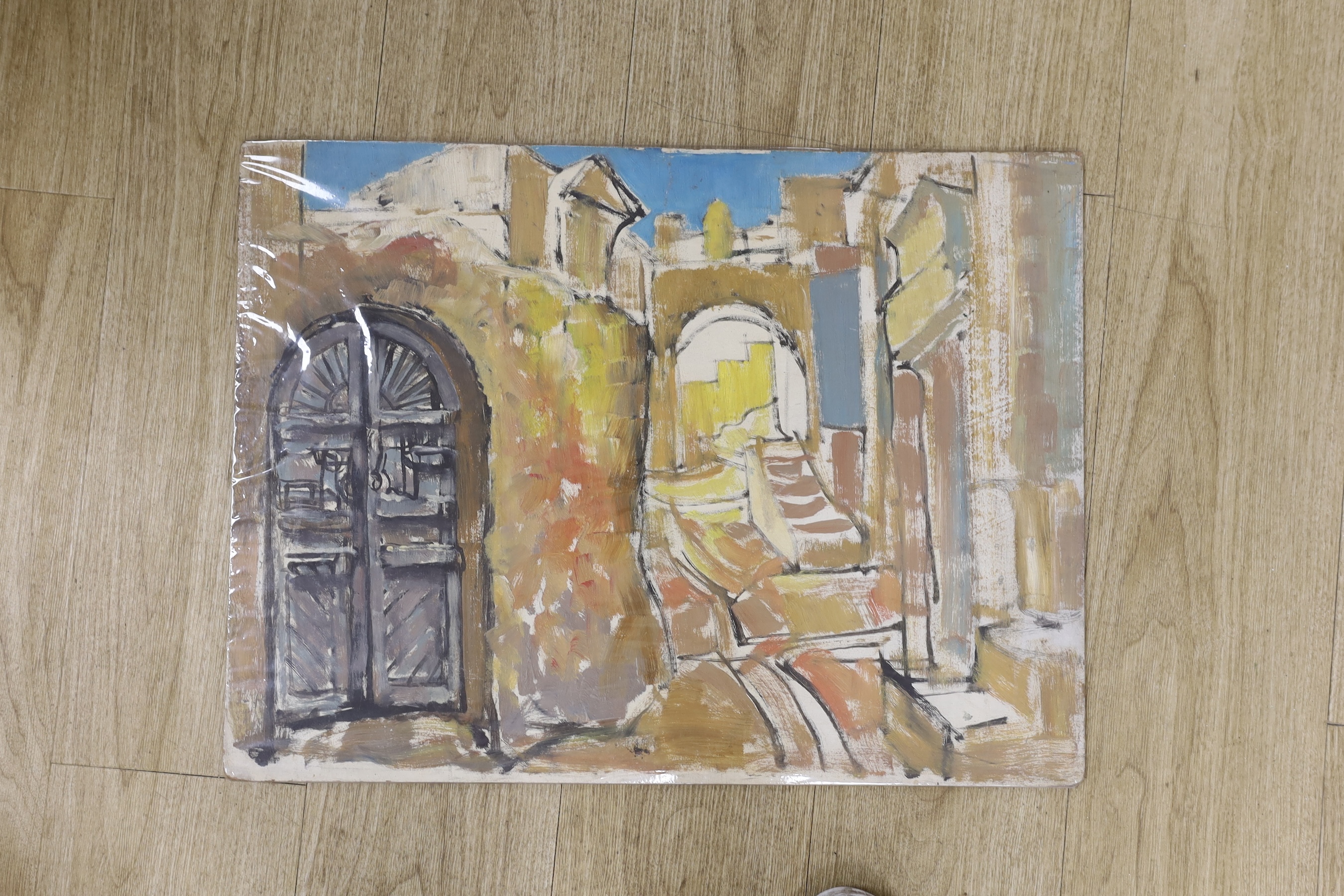 Modern British, oil on board, North African alleyways, 46 x 61cm, unframed